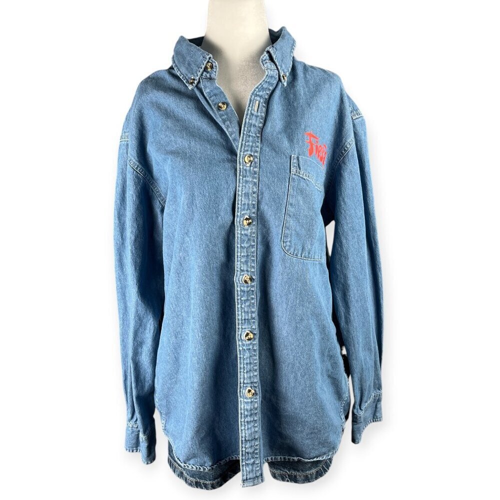 Port Authority Fiesta Graphic Denim Button Up Shirt Size L Long Sleeve Cowboy - Picture 2 of 9